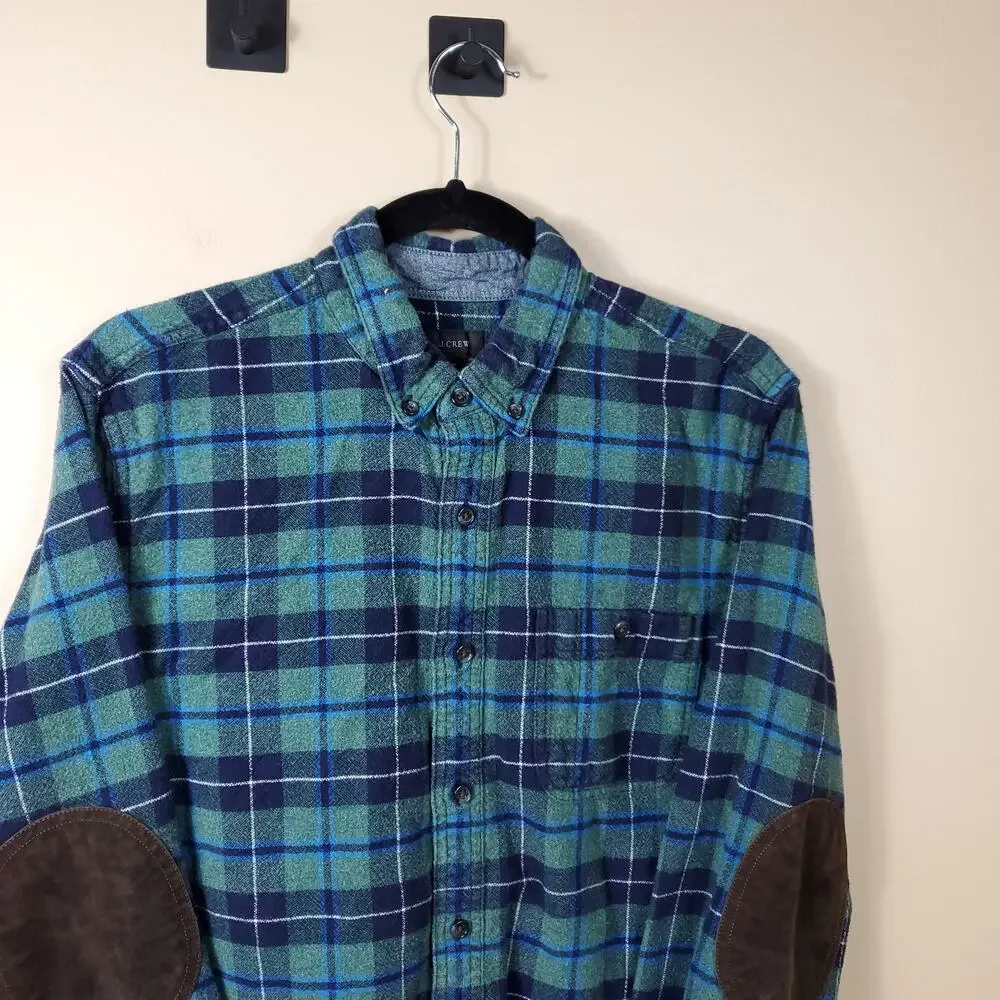 J. Crew Plaid Button-up Flannel Shirt with Leather Elbow Patches Size M